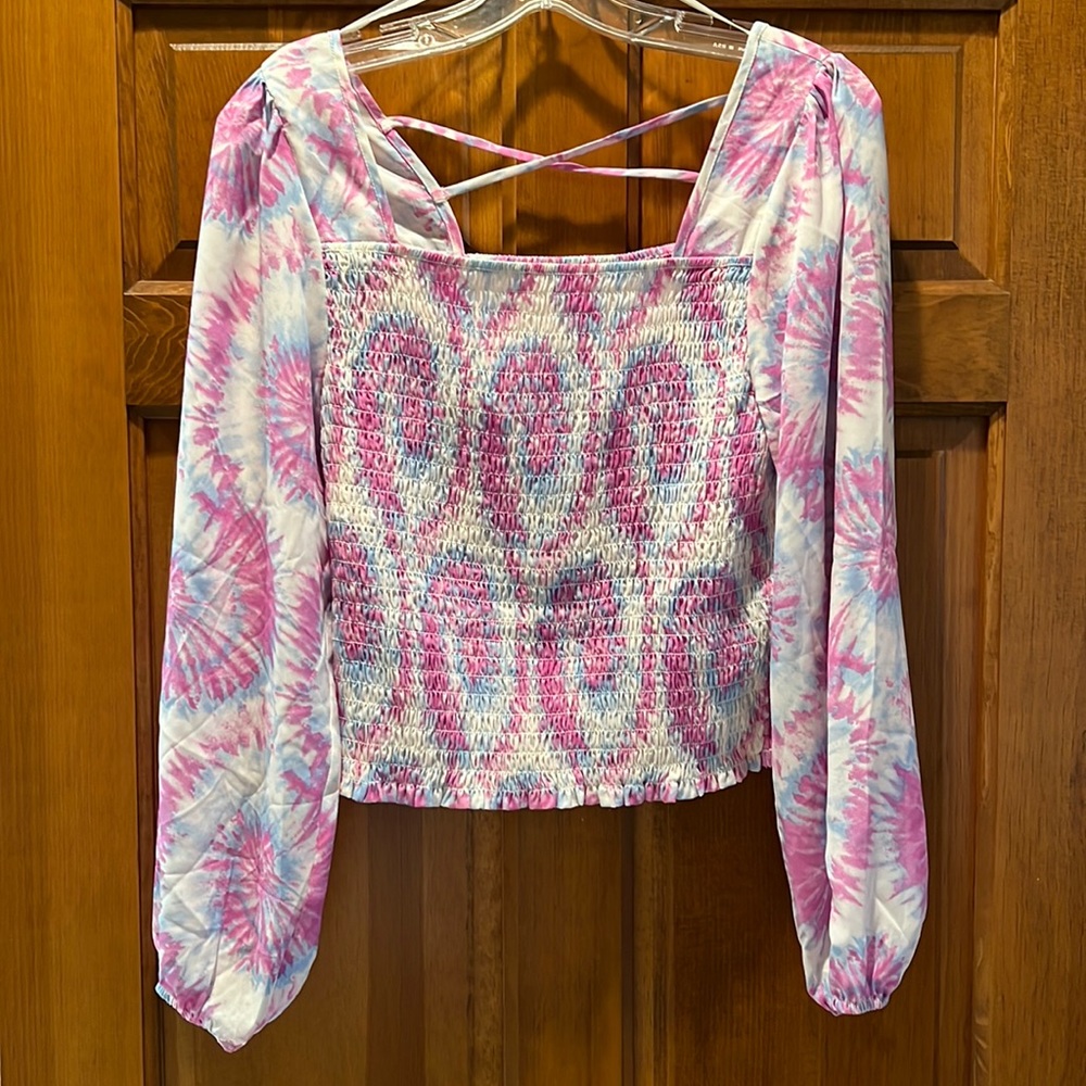 Square Neck Balloon Sleeve Tie Dye Blouse